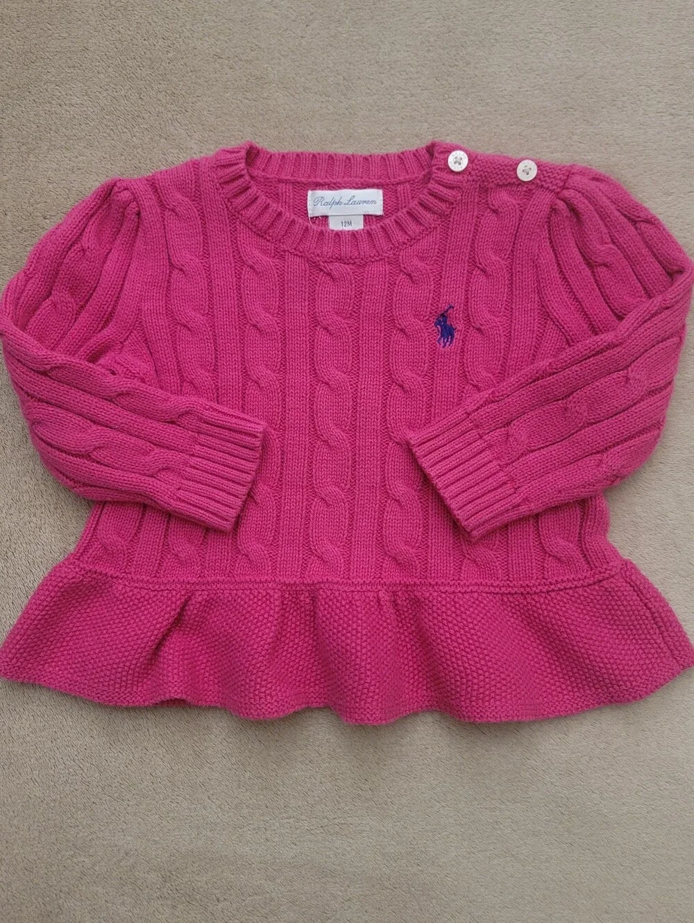 Ralph Lauren Baby Girl Pink Cable-Knit Cotton Peplum Jumper Size 12 Months
